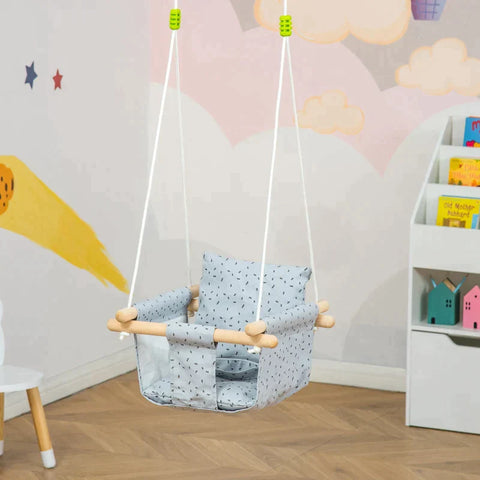 Rootz Kinderschaukel mit Sicherheitsgurtkissen – faltbare Babyschaukel – Kleinkindschaukel – Babysitz – Baumwolle – Pappelholz – Grau – 40 x 40 B x 180 H cm