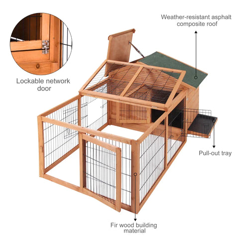 Rootz Small Animal Hutch - Wooden Rabbit Hutch - Rabbit Cage - Pet House - Openable Run & Roof Slide-out Tray - 58" x 37" x 27"