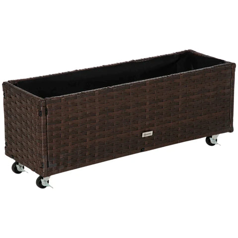 Rootz Raised Bed - Rattan Garden Bed - Flower Box - Poly Rattan with Wheels - Planter with Drainage Holes - Coffee Brown - 94.5 x 31 x 36 cm