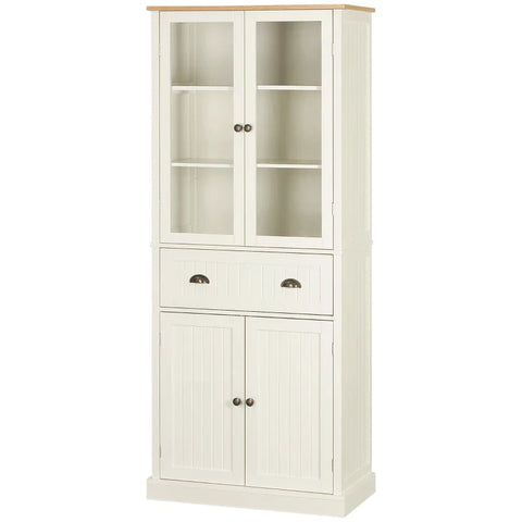 Rootz Kitchen Cabinet - Freestanding Kitchen Cupboard - 5-tier Storage Cabinet - 2 Cabinets - 2 Drawers - 2 Glass Doors With Window Bars - Creamy White - 76 cm x 40 cm x 182.5 cm