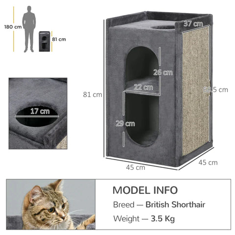 Rootz Scratching Barrel With 2 Cat Caves - Cat Tower - 1 Lying Surface - Sisal Scratching Mat - Plush - Chipboard - Gray + Natural - 45L x 45W x 81H cm