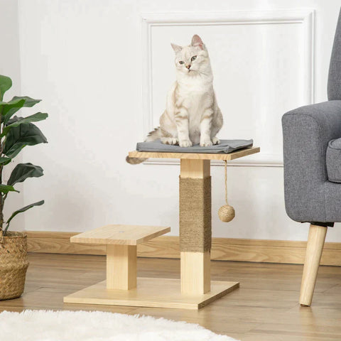 Rootz Wooden Scratching Post - Cat Tree - Climbing Tree With Jute - Cat Furniture - Scratching Board With Cushion - 2 Platforms - Stable Cat Toy - Natural - 40 x 40 x 43 cm