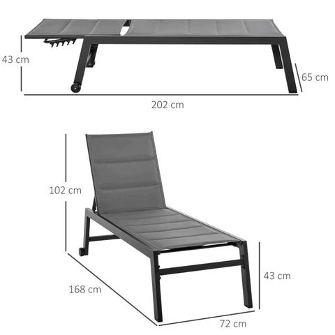 Rootz Sun Lounger - Garden Lounger - Relaxation Lounger - 5-level Adjustable Backrest - Balcony - Garden - Steel - Text Line Foam - Grey - 168 x 72 x 102 cm