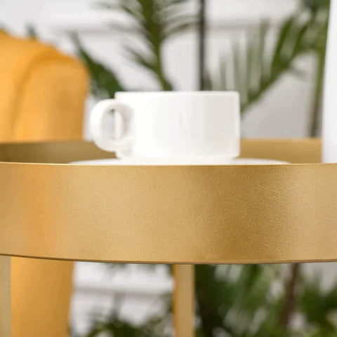 Rootz Side Table - Set of 2 Nesting Coffee Tables with Gold Metal Base - Round Side Table with Embedded Tabletop - Living Room - Bedroom - Gold - 39 cm x 39 cm x 63 cm
