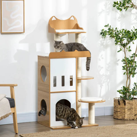 Rootz Scratching Post - Cat House With 2 Floors - Seating Platforms - Play Ball - White + Wood - 60 x 48 x 133 cm