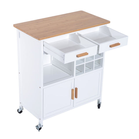 Rootz Kitchen trolley - Kitchen trolley - Serving trolley - Wine rack - French doors - Drawers - On wheels - White - Brown