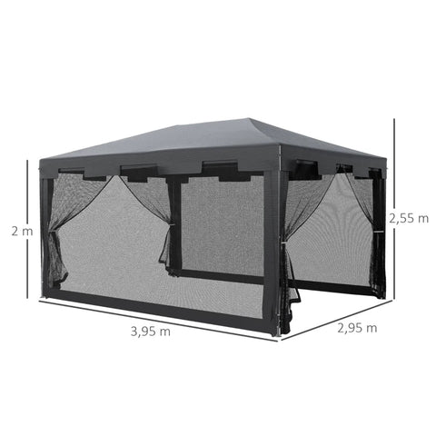 Rootz Pavilion - Party Tent - Garden Gazebo - Garden Tent - Marquee with Side Walls - Metal - PE - White + Dark Gray + Black - 4 x 3 m