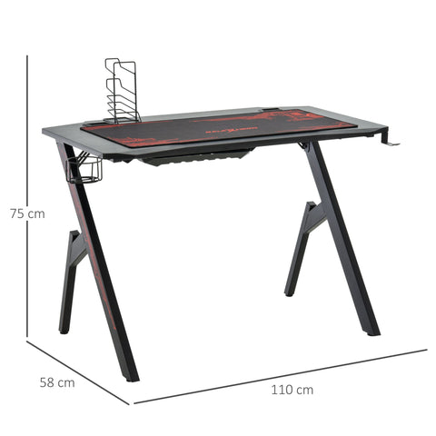 Rootz Dermopolis Desk - Gaming Desk - Game - Cup Holder - Anti-Slip Headphone Holder - Controller Holder - Cable Management - Black - Red - MDF
