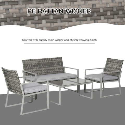 Rootz Garden Furniture Set - 4pc Rattan Furniture - Single Sofa Arm Chairs - Bench With Cushions - Coffee Table - Garden Furniture - Backyard Seating - Stylish And Comfort - Grey