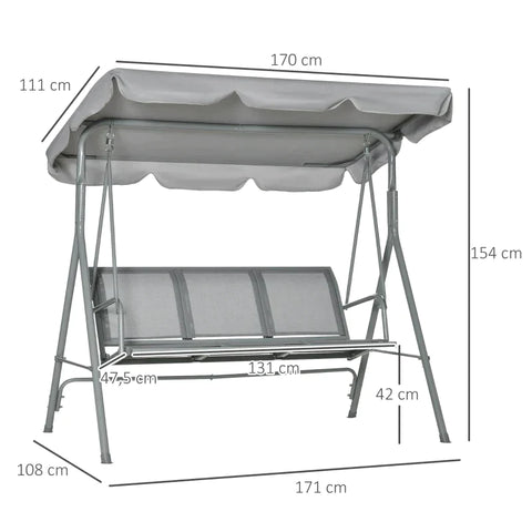 Rootz Verandaschaukel – Schaukelsitz – 3-Sitzer-Gartenschaukelbank – Gartenschaukel – mit Dach – Metall – Grau/Silber – 170 x 110 x 153 cm