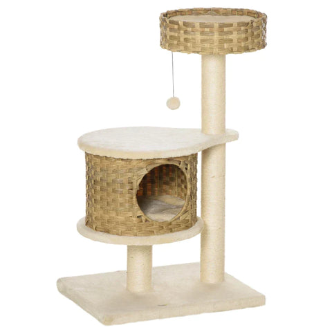 Rootz Scratching Post - Cat Tree - Climbing Tree With Cat Cave - Sisal Posts - Play Balls - Cat Furniture - Nature/Beige - 55 x 47 x 95 cm