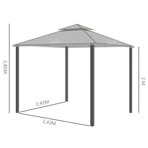 Rootz Gazebo - Patio Gazebo With Aluminum Canopy - Metal - Polyester - Nylon - Black + Light Grey - 2.95L x 2.95W x 2.85H m