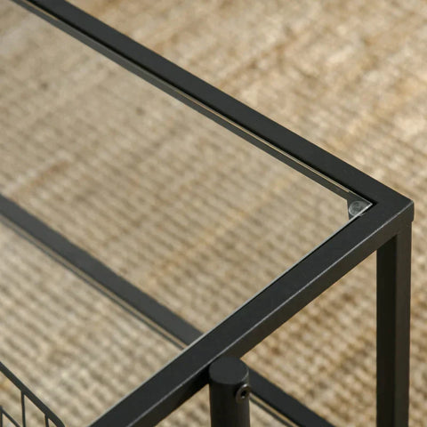 Rootz Couchtisch – Beistelltisch – mit Glasplatte – Tisch – mit 3 Ablagen – gehärtetes Glas/Stahl – transparent/schwarz – 100 x 55 x 45,5 cm