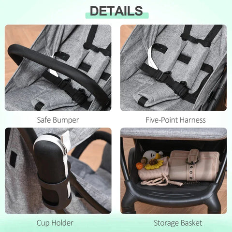 Rootz Baby Stroller - Stroller With Footrest - Five-Point Harness - Foldable Pushchair - Grey - 66 cm x 49 cm x 105 cm
