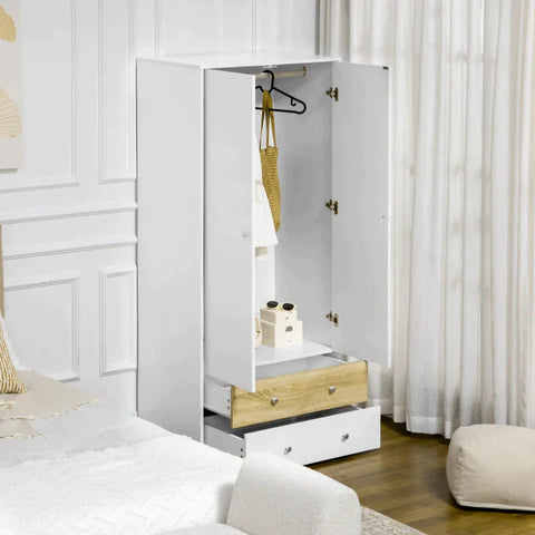 Rootz Wardrobe - Door Wardrobe - With Drawers And Hanging Rod - Particle Board - White/Oak - 80cm x 50cm x 180cm