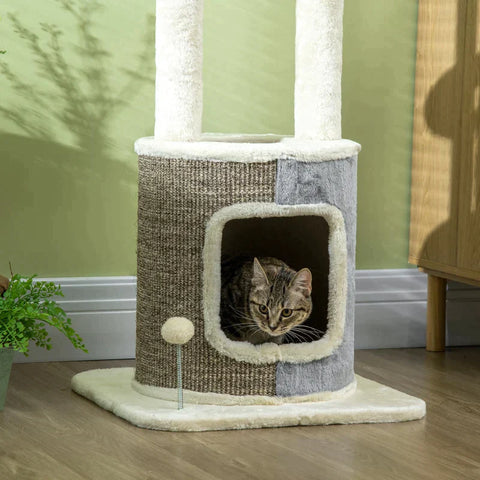 Rootz Scratching Post - With Cat Cave - Cat Tree - Two Platforms - Two Scratching Posts - Plush Cover - Creamy White - 48 x 48 x 110cm