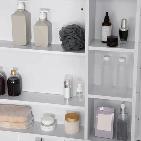 Rootz Bathroom Cabinet - Wall Cabinet - Storage Cabinet - Mirror Cabinet - With 6 Shelves - Glass/MDF - White - 100L x 15W x 70H cm
