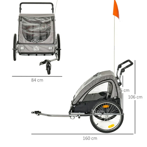 Rootz Bike Trailer - Children's Trailer - Child Bike Trailer - Foldable Bike Trailer - Child Transport Carrier - Rain Cover - Grey/Black - 160 x 84 x 106 cm