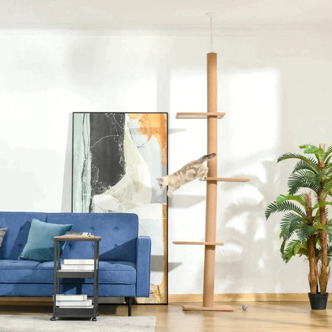 Rootz Scratching Post - Cat Tree - Cat Play Tree - Climbing Tree - Height Adjustable - Light Brown - 43 x 27 x 228-260 cm