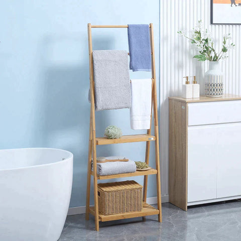Rootz Handdoekrek - Vrijstaand Natuurlijk Bamboe Handdoekrek - Met 3 Handdoekrails - 3 Opbergplanken - Opvouwbare Handdoekhouder - Naturel - 53cm x 30,5cm x 152cm