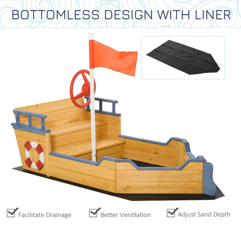 Rootz Sandpit Pirate Ship Design - Natural, Blue - Fir Wood, Pp - 62.2 cm x 30.7 cm x 17.91 cm