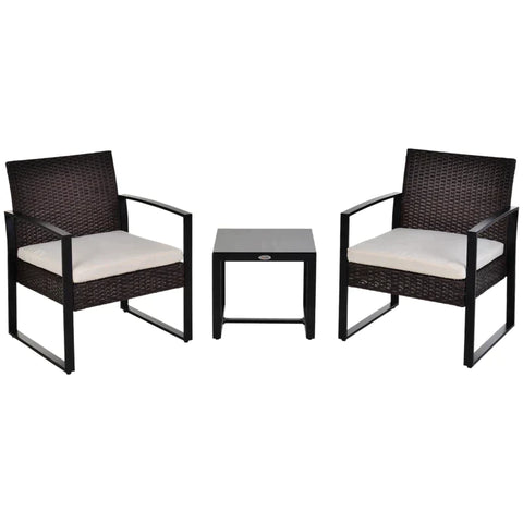 Rootz Seating Group - Seating Lounger - 3-part Set - Coffee Table - Chair - PE Poly Rattan - Metal - Polyester - Brown + Cream - 63 cm x 57 cm x 76 cm