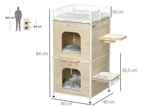 Rootz Cat House - 2 Caves - 2 Platforms - 1 Cat Bed - Washable Cushions - Scratching Mats - Mdf And Steel - Natural + White - 40L x 40W x 84H cm