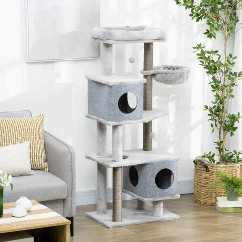 Rootz Scratching Post - Two Houses - Two Platforms - Play Ball - Lounger Basket - Anti-tip - Sisal - Grey - 60 x 40 x 142cm