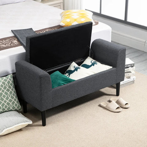 Rootz Bank - Bank Met Opbergruimte - Gestoffeerde Bank - Kruk - Commode - Linnen Touch - Rubberhout - Donkergrijs - 116 x 44 x 58 cm