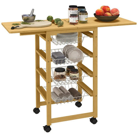 Rootz Kitchen Trolley - 4 Storage Baskets - Extendable Table Top - 4 Wheels - Bamboo - Vegetable Horde - Stainless Steel - Natural - 101L x 37W x 89.8H cm