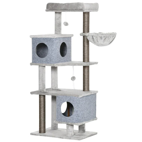 Rootz Scratching Post - Two Houses - Two Platforms - Play Ball - Lounger Basket - Anti-tip - Sisal - Grey - 60 x 40 x 142cm