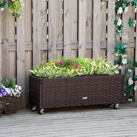 Rootz Raised Bed - Rattan Garden Bed - Flower Box - Poly Rattan with Wheels - Planter with Drainage Holes - Coffee Brown - 94.5 x 31 x 36 cm