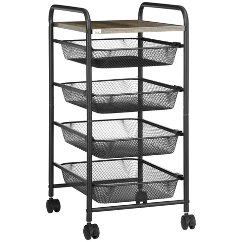 Rootz Serving Trolley - 4 Compartments - 1 Table Top - 4 Wheels With 2 Brakes - Steel Frame - Black - 41.5 x 31 x 66 cm