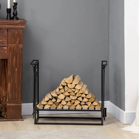 Rootz Firewood Stand With Fireplace Cutlery - Firewood Rack - Fireplace Tool - Steel - Black - 75 x 30 x 60 cm