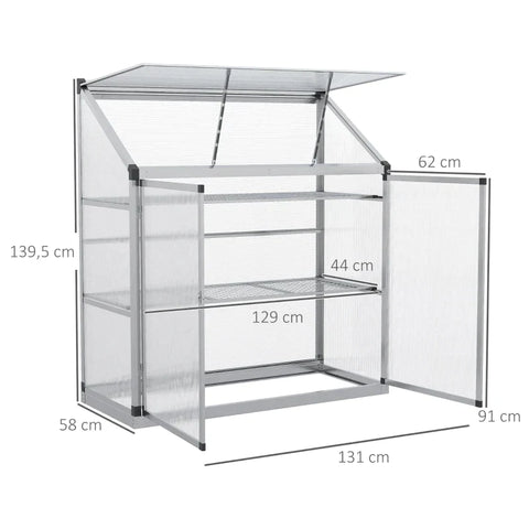 Rootz Greenhouse - 3 Tier Greenhouse - Greenhouse With Foundation Frame - Polycarbonate Housing - 2 Shelves - Aluminum Frame - Silver- 131 x 58 x 139.5 cm