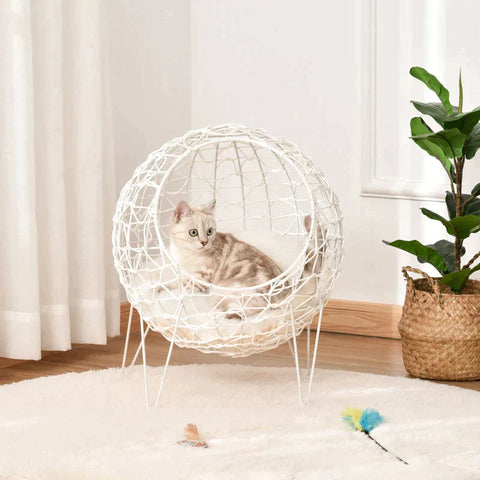 Rootz Rattan Cat Basket - Cat Cave - Cat Hut - Cat Bed with Cushion - Elevated Design - Pet Bed - Cream White - Ø45 x 57H cm
