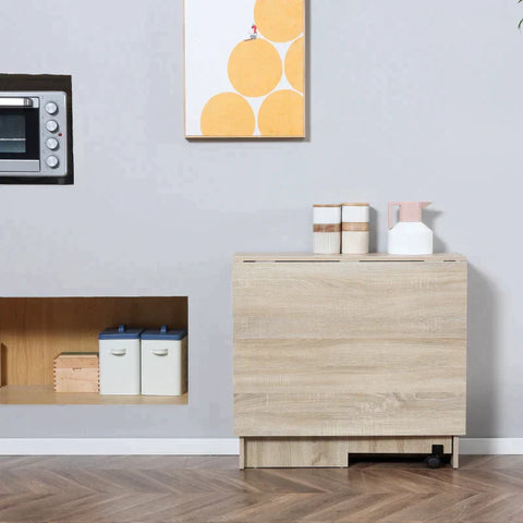 Rootz Eettafel - Opklapbare Eettafel Met Wielen - Bureau - Bijzettafel - Tafel Met Opbergruimte - Hout - Naturel - 80 x 140 x 74 cm