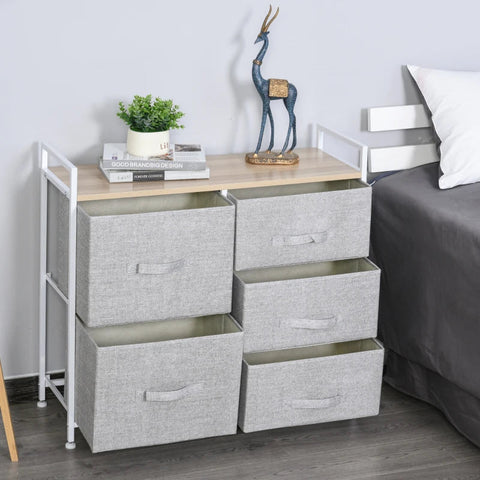 Rootz Drawer Cabinet - Storage Cabinet - Fabric Chest Of Drawers - 5 Fabric Drawers - Fabric + Wood + Metal Frame - Grey - 83 x 29 x 77 cm