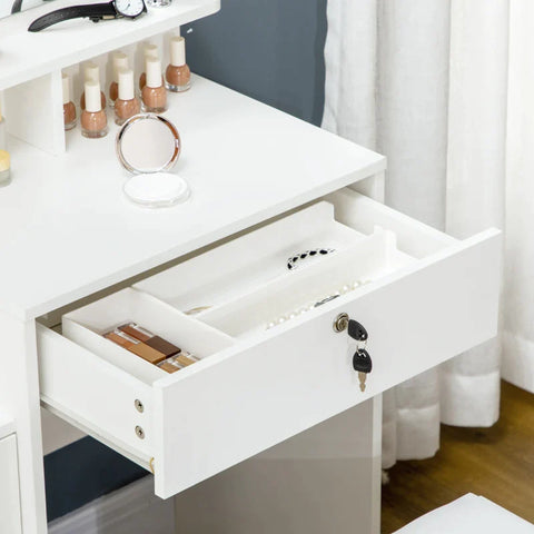Rootz Dressing Table Set Including Stool - 4 Drawers - 1 Mirror - Chipboard - Tempered Glass - White