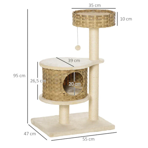 Rootz Scratching Post - Cat Tree - Climbing Tree With Cat Cave - Sisal Posts - Play Balls - Cat Furniture - Nature/Beige - 55 x 47 x 95 cm
