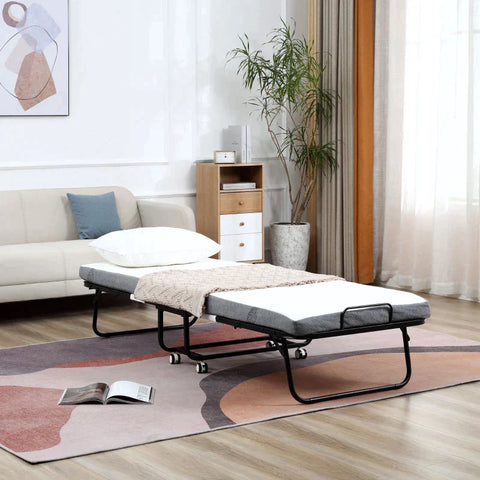 Rootz Folding Bed - Guest Bed - Portable Foldable Guest Bed - With Sturdy Metal Frame - Steel/Sponge/Fabric/Polyester - White/Black - 200 x 75 x 42.5 cm