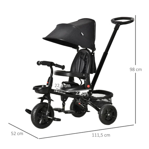 Rootz Tricycle - 4-in-1 Children's Tricycle - Children's Bike - Tricycle With Push Rod Rotating Seat - Foldable Removable Children's Car - Black - 111.5 x 52 x 98 cm