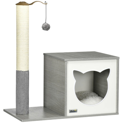 Rootz Scratching Post - Cat House - Cat Cave - With Toy Ball - Washable Cushion - Grey - 59 x 34 x 65cm