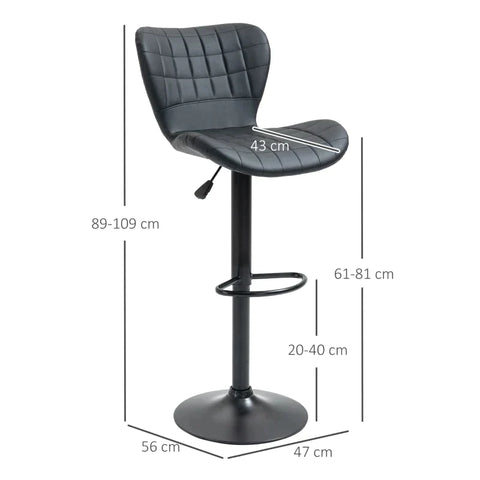 Rootz Set Of 2 Bar Stools - Retro Design - Home Bars - Kitchens - Faux Leather - Metal - Black - 47 cm x 56 cm x 89-109 cm