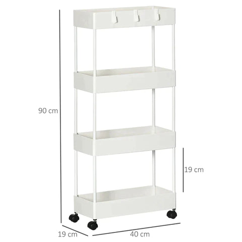 Rootz Kitchen Trolley - Serving Trolley - Kitchen Cart - With 4 Shelves - 3 Flexible Hooks - 4 Casters - White - 40cm x 19cm x 90cm