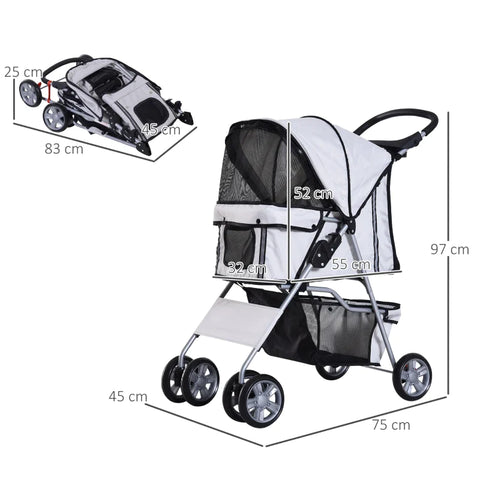 Rootz Dog Stroller - Pet Stroller - Dog Buggy - Foldable Pet Stroller - Dog Travel Buggy - Compact Pet Carriage - Silver - 75L x 45W x 97H cm
