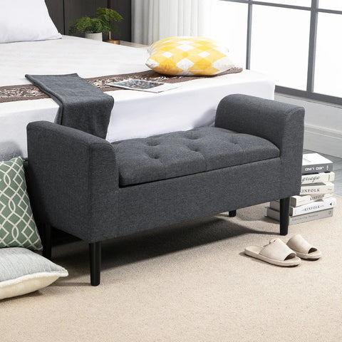 Rootz Bank - Bank Met Opbergruimte - Gestoffeerde Bank - Kruk - Commode - Linnen Touch - Rubberhout - Donkergrijs - 116 x 44 x 58 cm