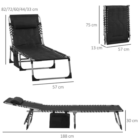 Rootz Sonnenliege – faltbare Sonnenliege – Gartenliege – mit Kissen – 5-stufig verstellbar – Rückenlehne – Stahl/Oxford-Stoff/Schaum – Schwarz – 188 x 57 x 30 cm