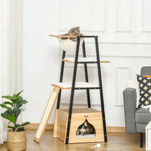 Rootz Cat House - Cat Cage - Scratching Post - With Cat Cave - Cat Furniture  - Black/Beige/White - 83 x 45 x 121 cm