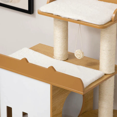 Rootz Scratching Post - Cat House With 2 Floors - Seating Platforms - Play Ball - White + Wood - 60 x 48 x 133 cm